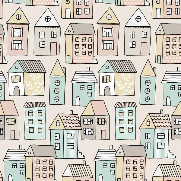 落書きと手描きのシームレスなパターンの家 漫画町のベクトルの背景 — ストックベクタ