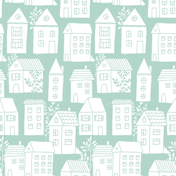 Hand Drawn Seamless Pattern Doodle Houses Vector Background Cartoon Town — Stock Vector