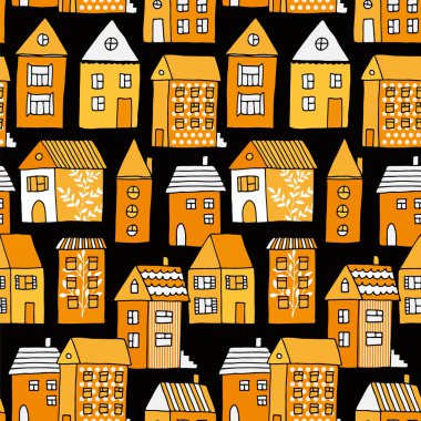 Seamless modeli ile evler ve siyah ve turuncu, ağaçlarda el çizilmiş vektör Cadılar Bayramı arka plan