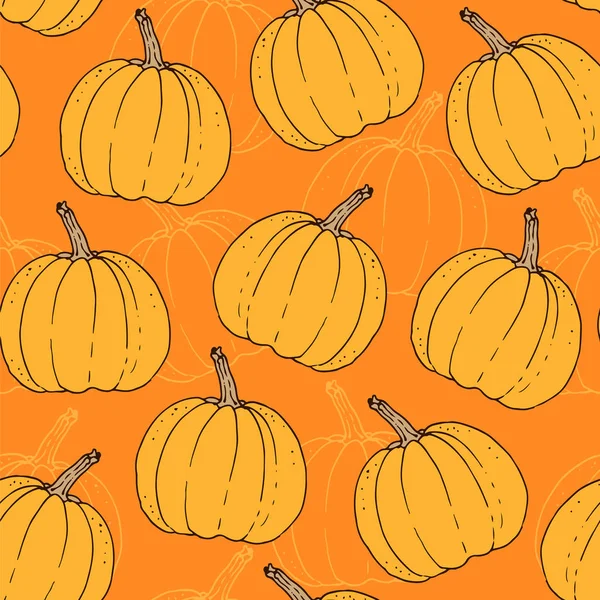 Fondo Vectorial Dibujado Mano Con Calabazas Patrón Sin Costuras Halloween — Vector de stock