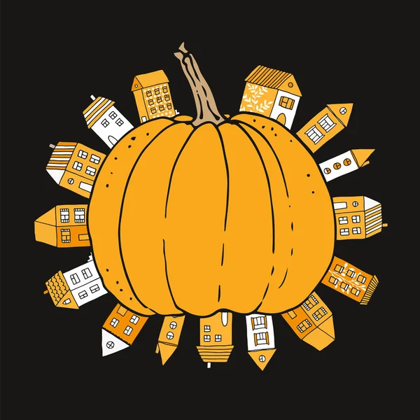 Nagy Pumpkin Apró Házak Kézzel Rajzolt Halloween Kártya — Stock Vector