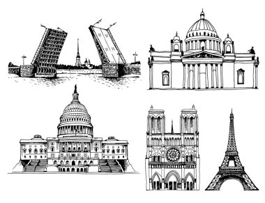 Palace Bridge, Peter ve Paul Fortress ve Saint Isaac's Katedrali, ABD Capitol Binası, Notre Dame de Paris Katedrali ve Eyfel Kulesi. Beyaz arka plan üzerinde izole vektör dünya yerler