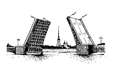 Saint Petersburg, Rusya'nın popüler semboller vektör illüstrasyon izole beyaz arka plan üzerinde Palace Bridge ve Peter ve Paul Fortress vektör çizim,