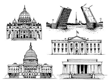 St. Peter's Bazilikası, Palace Bridge ve Peter ve Paul Fortress, ABD Capitol Binası, Beyaz Saray ve Lincoln Anıtı. Beyaz arka plan üzerinde izole vektör dünya yerler