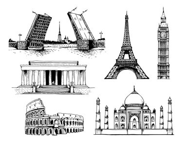 Dünya yerlerinden. Palace Bridge ve Peter ve Paul Fortress Rusya, Fransa, İngiltere, Beyaz Saray ve ABD, Taj Mahal Hindistan'da Lincoln Memorial Elizabeth Kulesi (Big Ben) Eyfel Kulesi
