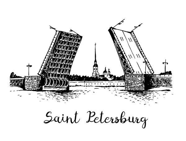 Saint Petersburg, Rusya'nın popüler semboller vektör illüstrasyon izole beyaz arka plan üzerinde Palace Bridge ve Peter ve Paul Fortress vektör illüstrasyon kart metin ile