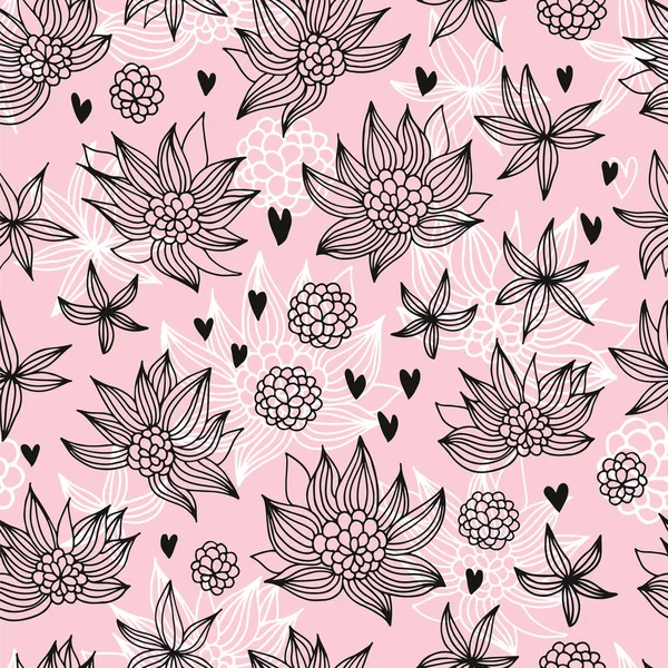 Seamless Pattern Vector Flowers Hearts Doodles Seamless Background — Stock Vector