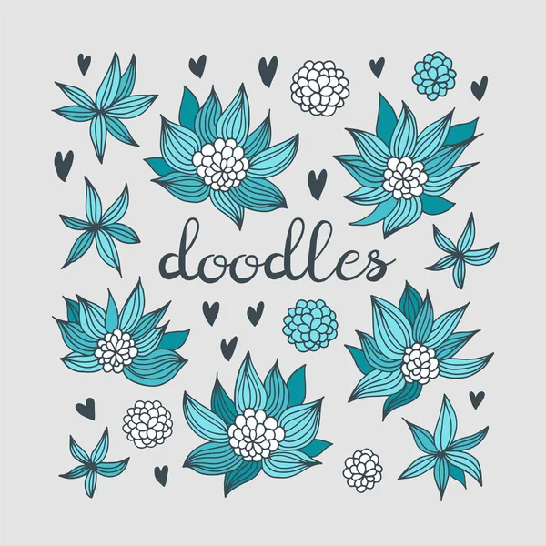 Flores Corações Conjunto Vetorial Coleção Doodles Florais Fundo Cartão —  Vetores de Stock