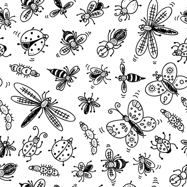 Insects Doodle Seamless Pattern Vector Background Bug Fly Butterfly Ladybug — Stock Vector