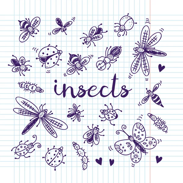 Insekter Doodle Set Vector Insamling Obs Bakgrund — Stock vektor