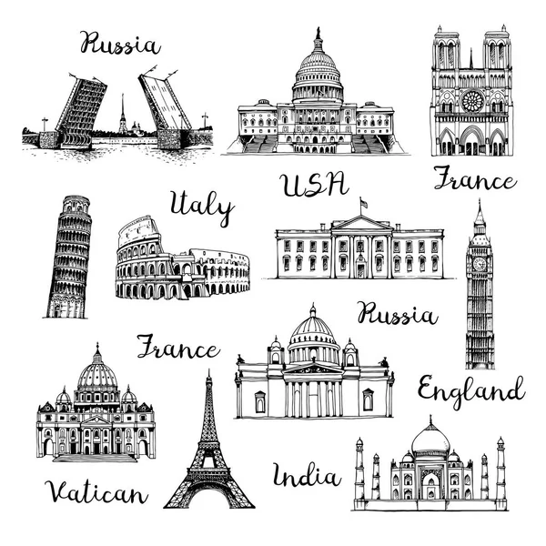 Vector Landmarks Set Hand Drawn Collection Tourist Attractions Isolated White — Stock Vector