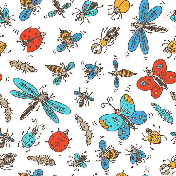 Insects doodle seamless pattern, vector color background with bug, fly, butterfly, ladybug, dragonfly, wasp, centipede