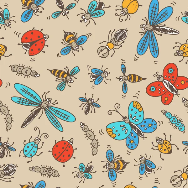 Insects Doodle Seamless Pattern Vector Color Background Bug Fly Butterfly — Stock Vector