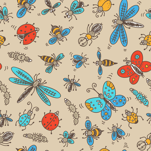 Insects doodle seamless pattern, vector color background with bug, fly, butterfly, ladybug, dragonfly, wasp, centipede
