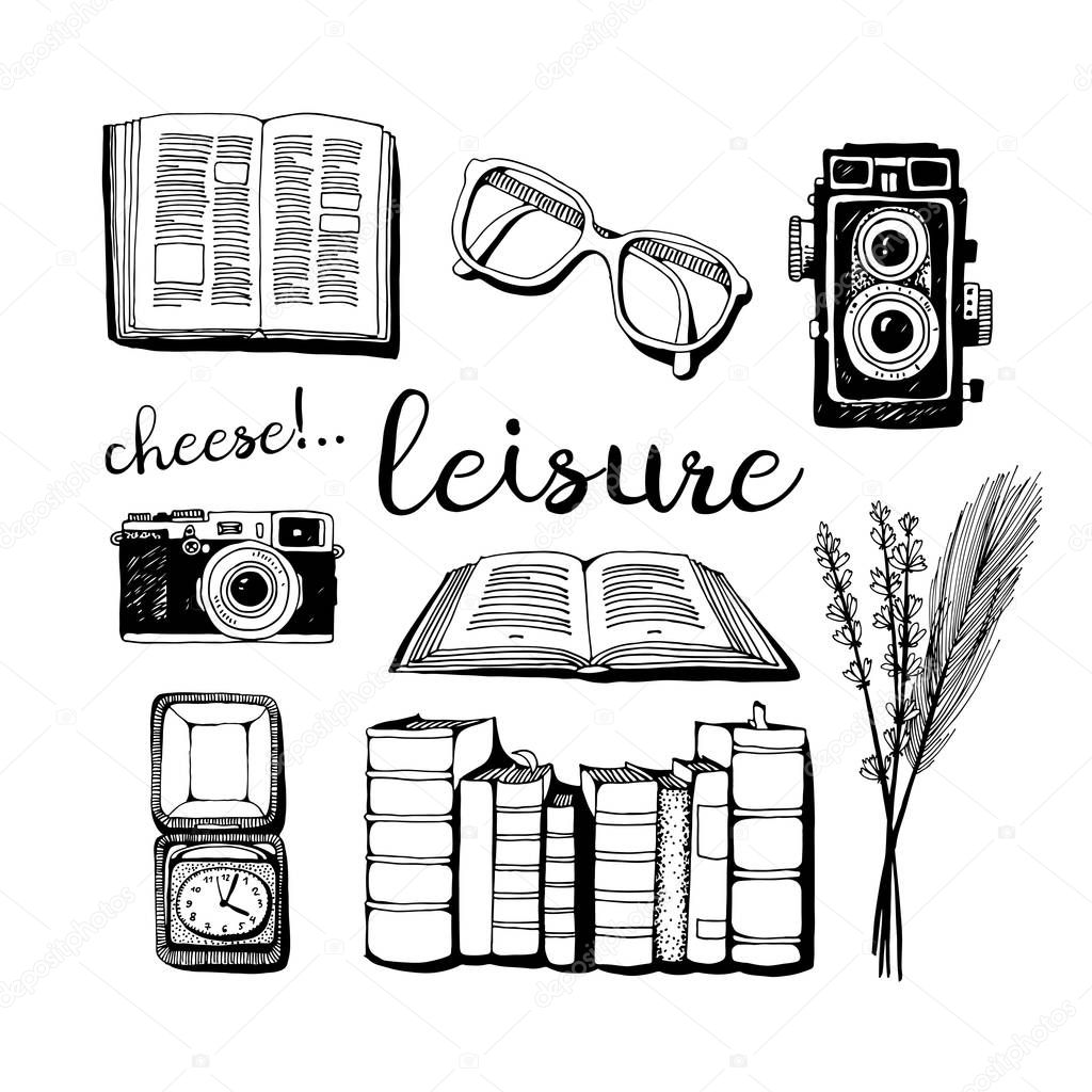 Vacation set, leisure doodles vector collection in vintage style isolated on white background