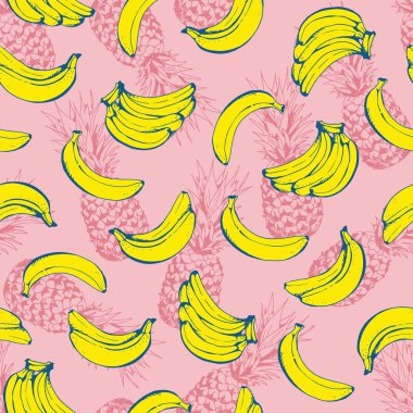 Ananas dikişsiz desen, ananas ve muz, gıda, sarma, tekstil ile vektör arka plan