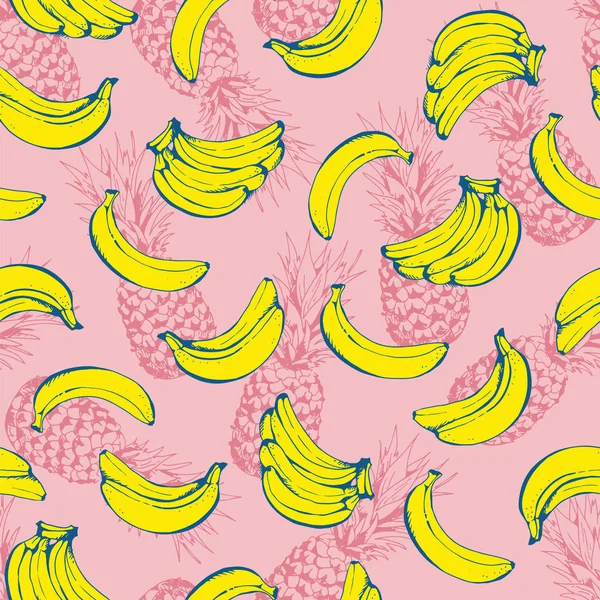Padrão Sem Emenda Abacaxi Fundo Vetorial Com Abacaxis Bananas Alimentos — Vetor de Stock