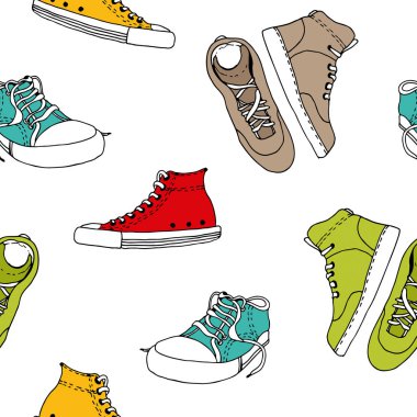 Sneakers kroki vektör dikişsiz desen, aktif ayakkabı beyaz arka plan üzerinde izole