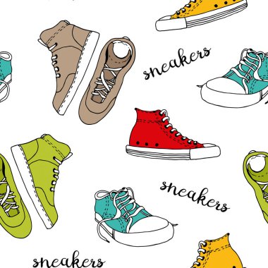 Sneakers kroki vektör dikişsiz desen, aktif ayakkabı beyaz arka plan üzerinde izole