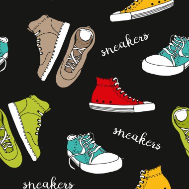 Sneakers kroki vektör deseni, aktif ayakkabı dikişsiz arka plan