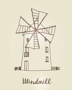 Yel değirmeni vektör çizimi, bej arka plan üzerinde izole edilmiş değirmenin el çizimi çizimi