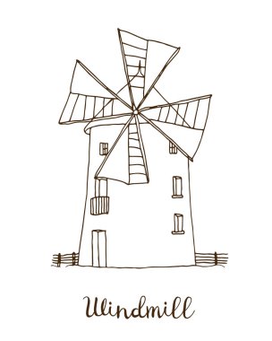 Yel değirmeni vektör çizimi, beyaz arka planda izole edilmiş değirmenin el çizimi