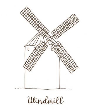 Yel değirmeni vektör çizimi, beyaz arka planda izole edilmiş değirmenin el çizimi