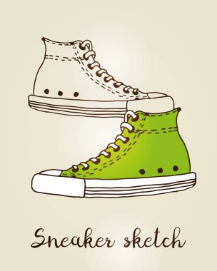 Sneaker vektör renk kroki, bej arka plan izole el çizilmiş aktif ayakkabı illüstrasyon