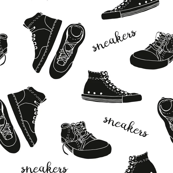 Sneakers Sketch Vector Naadloze Patroon Actieve Schoenen Geïsoleerd Witte Achtergrond — Stockvector