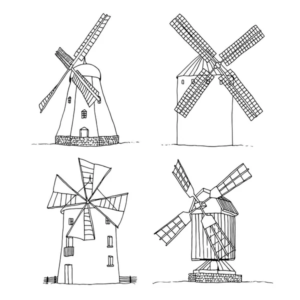 风力发电机组矢量轮廓分离的白色背景 手绘草图集合 — 图库矢量图片