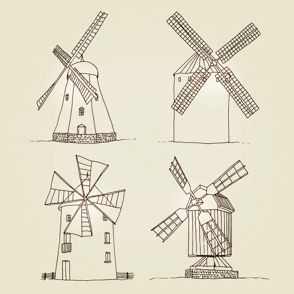 风车设定矢量轮廓孤立的米色背景 手绘草图集合 — 图库矢量图片