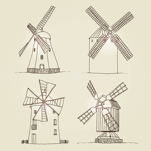 Windmills set vector silhouettes isolated on beige background, hand drawn sketch collection