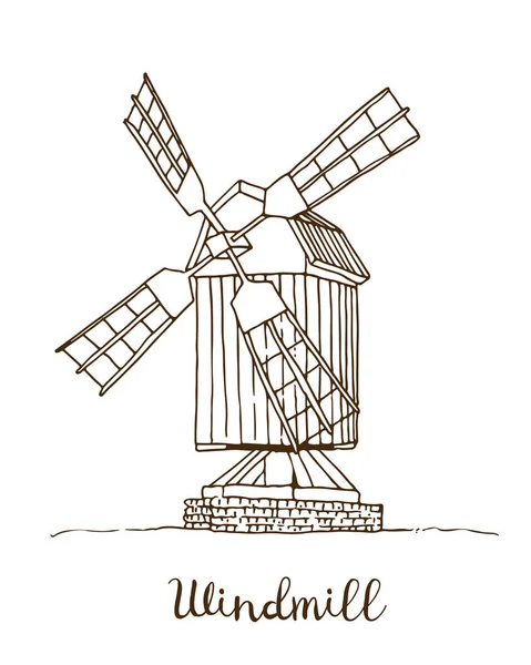 Yel değirmeni vektör çizimi, beyaz arka planda izole edilmiş değirmenin el çizimi