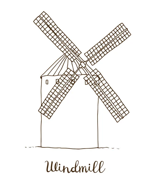 Yel değirmeni vektör çizimi, beyaz arka planda izole edilmiş değirmenin el çizimi