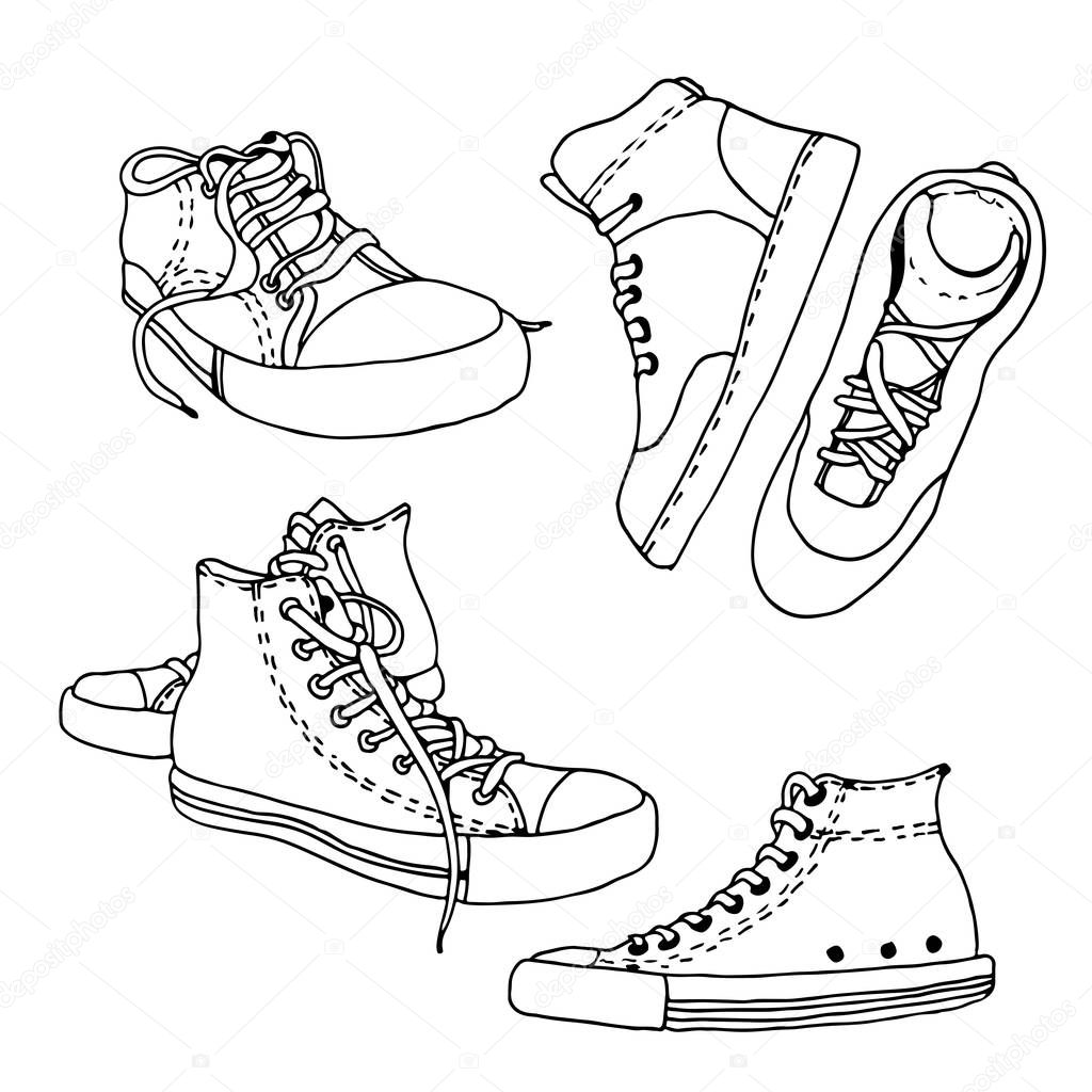 Sneakers sketch vector set, active shoes drawing