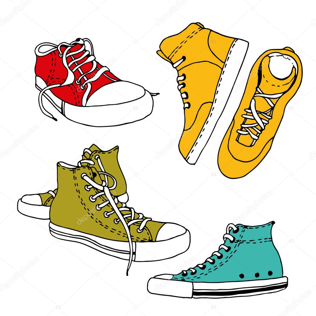 Sneakers vector sketch set, hand drawn active shoes drawing isolated on white background