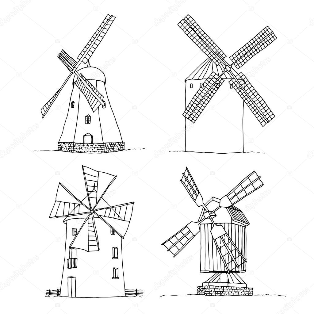 Windmills set vector silhouettes isolated on white background, hand drawn sketch collection