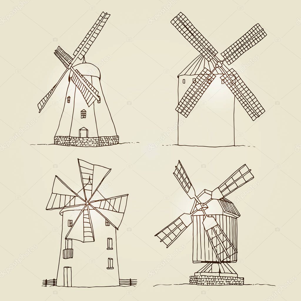 Windmills set vector silhouettes isolated on beige background, hand drawn sketch collection