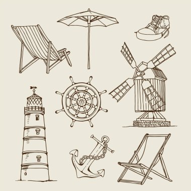Seyahat vektör seti, elle çizilmiş vintage çizim elemanları koleksiyonu bej arka plan üzerinde izole