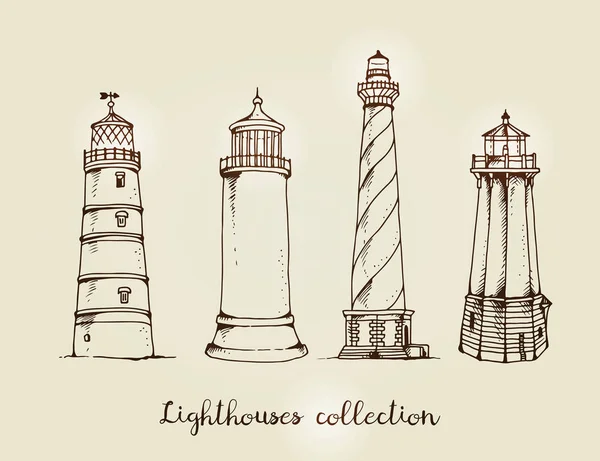 Vector Set Lighthouses Isolated Beige Background — Stock Vector