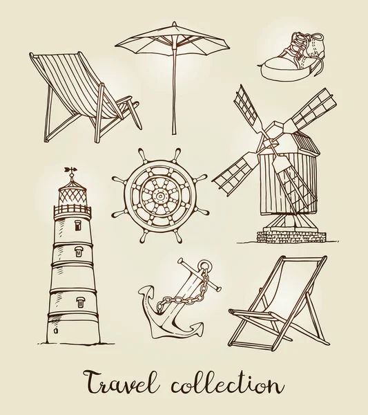 Travel Vector Set Hand Drawn Vintage Sketch Isolated Beige Background — Stock Vector