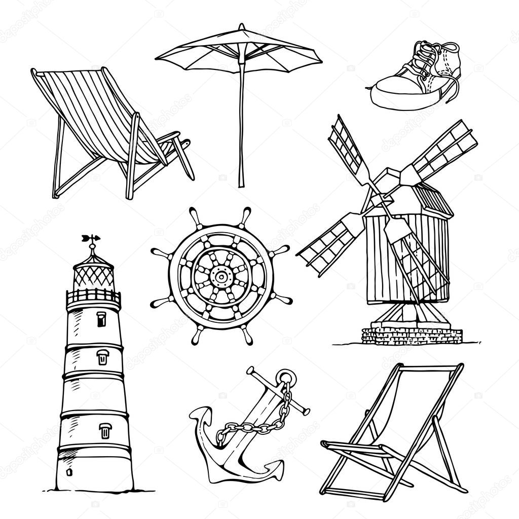 Travel vector set, hand drawn sketch collection isolated on white background