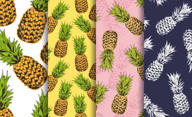 Ananas dekoratif dikişsiz desenler seti, gıda meyve arka plan vektör toplama, hawaii gömlek için, gıda sarma, tekstil