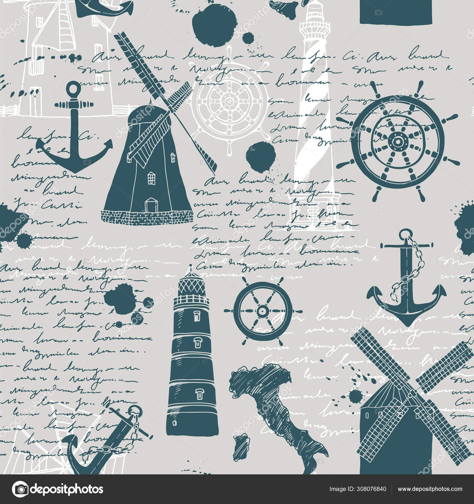 Vector Abstract Seamless Pattern Theme Travel Adventure Old Manuscript ...