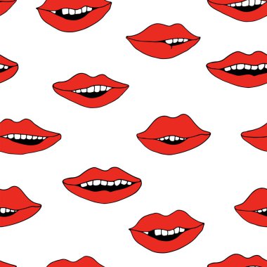 Karikatür doodle dudaklar, kumaş desen, el çizilmiş vektör dikişsiz desen ile Valentine aşk kırmızı arka plan
