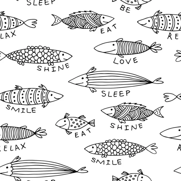 Fishes Doodle Vector Pattern Animal Seamless Background — Stock Vector