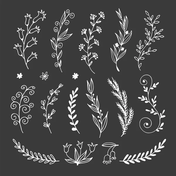 スケッチスタイルで設定された花の落書き 暗い背景に装飾的なデザインのためのベクトル手描きの植物図 — ストックベクタ
