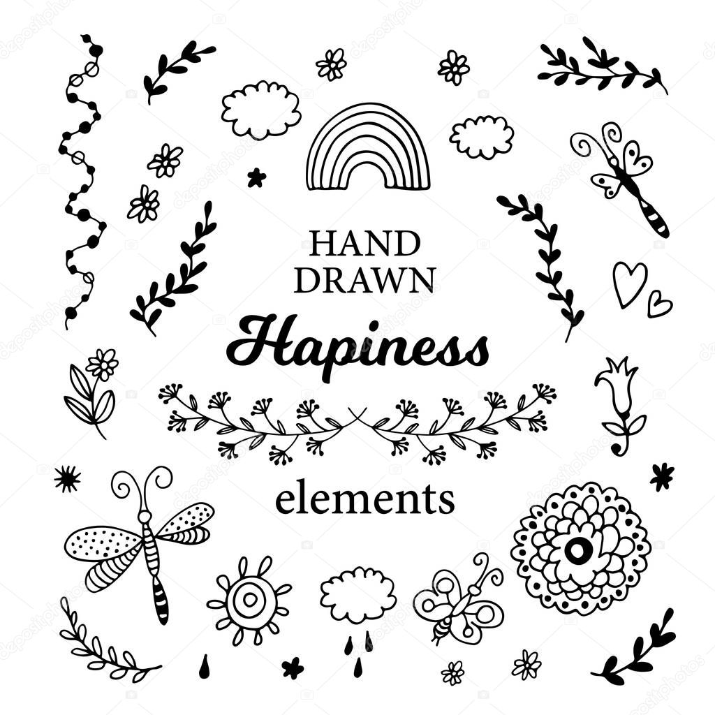 Decorative design set with vector hand and floral elements, flowers and leaves, love card doodle collection in hand drawn style