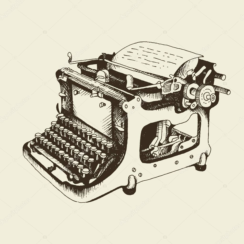 Typewriter vintage vector illustration, hand drawn sketch in engraving style isolated on beige background