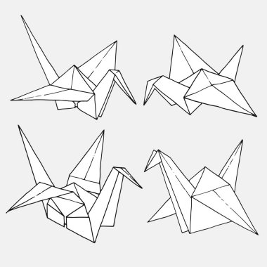 Origami kuşlar vinç şekilleri vektör seti, el çizilmiş klasör kağıt sanat renkli hayvan illüstrasyon beyaz arka plan üzerinde izole